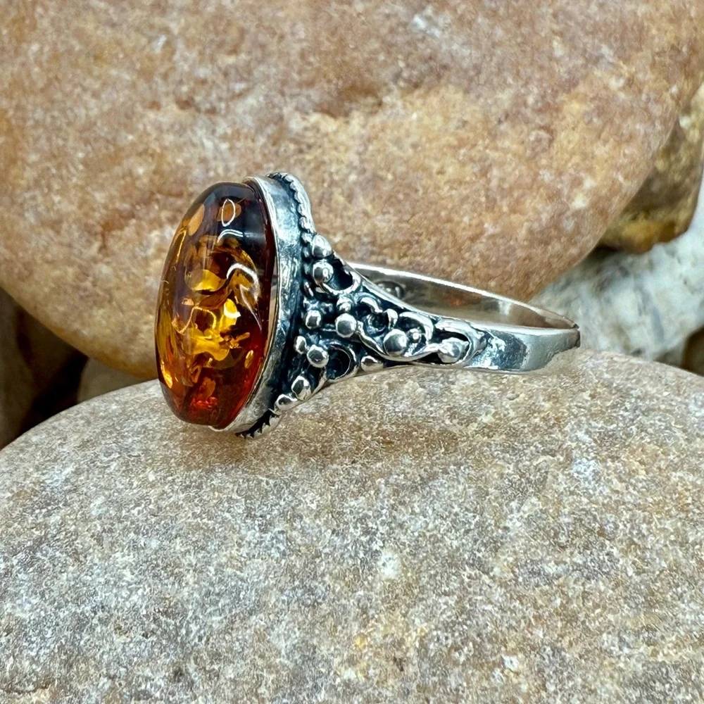 Vintage Cognac Baltic Amber Sterling Silver Filigree Ring Size 6